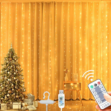Yogle Cortina de Luces, 3x2M 300 LEDs Cortina Luces Luz de Cortina con Mando 8 Modos, Alimentadas por USB, Impermeable Guirnaldas Luminosas Navidad para Casa Ventana Boda Fiesta Decoración Navideña